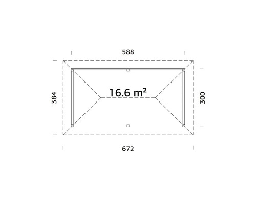 Planlösning med mått på cirka 588 gånger 672 centimeter