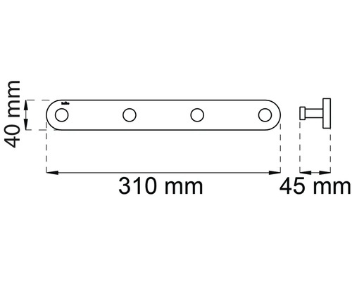 Teknisk ritning av en 310 millimeter lång kroklist med fyra krokfästhål och en enkel krok som sticker ut 45 millimeter.