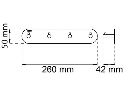 Teknisk ritning av ett nyckelbrädsfäste med fyra krokar och måtten 260 gånger 50 millimeter.
