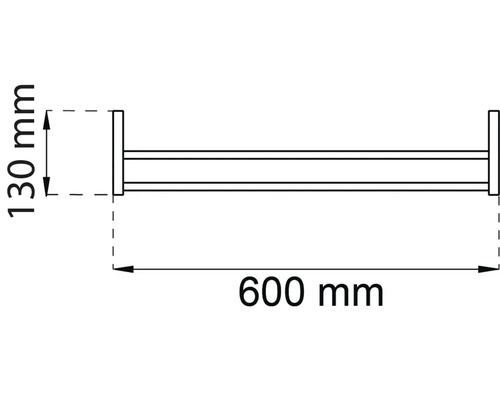 Teknisk ritning av en handdukstång med måtten 600 mm bred och 130 mm hög.