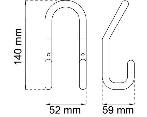 Teknisk ritning av två väggkrokar med måtten 140 millimeter höjd, 52 millimeter bredd och 59 millimeter djup.