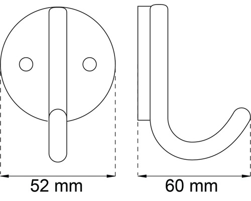 Teknisk ritning av en klädkrok med måtten 52 mm och 60 mm.