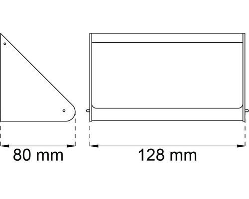Teknisk ritning av en hörnhylla med måtten 80 millimeter och 128 millimeter.