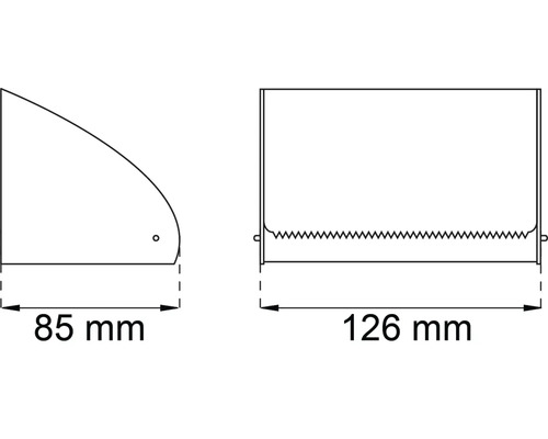 Teknisk ritning av en pappershandduksautomat med måtten 85 millimeter och 126 millimeter.