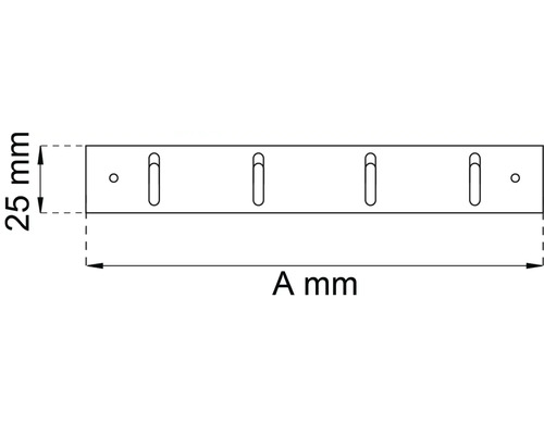 Teknisk ritning av en hängskena med måtten 25 millimeter och A millimeter