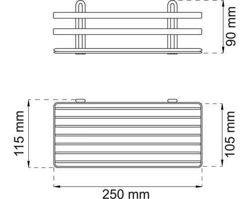 Teknisk ritning av en vägghylla med dimensioner.
