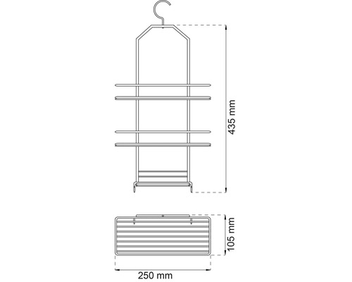 Teknisk ritning av en hängande hylla med tre hyllor och måtten 435 x 250 x 105 millimeter.