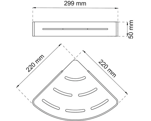 Teknisk ritning av en hörnhylla med mått