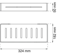 Teknisk ritning av en duschhylla med måtten 324 mm x 182 mm x 50 mm.