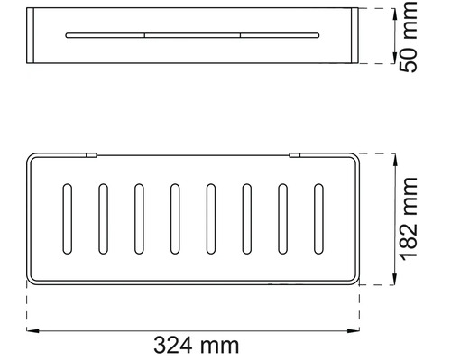 Teknisk ritning av en duschhylla med måtten 324 mm x 182 mm x 50 mm.