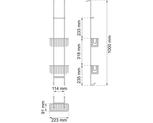 Teknisk ritning av en duschhylla med dimensioner