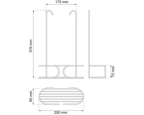 Teknisk ritning av en duschhylla med krokar och mått.