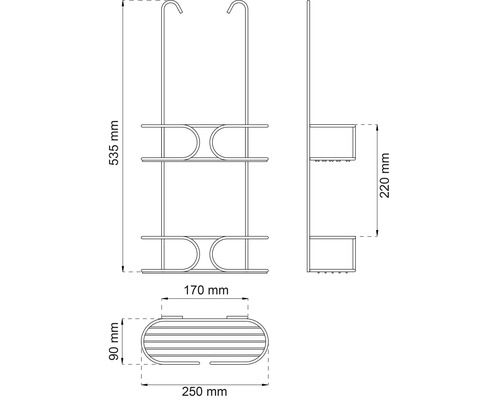 Teknisk ritning av en duschhylla med krokar och mått