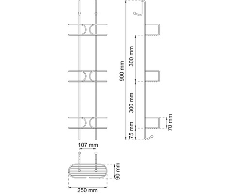 Teknisk ritning av en duschkorg med mått.