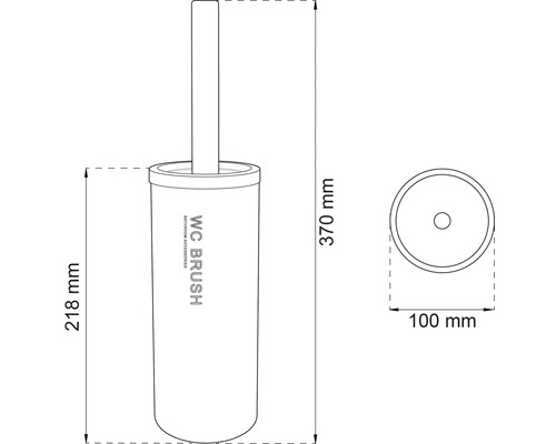 Bild av en toalettborste med måtten 370 mm hög, 218 mm bred och en diameter på 100 mm.