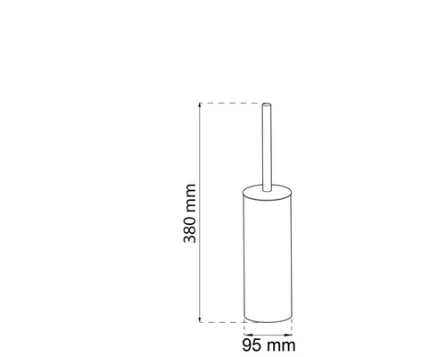 Teknisk ritning av en toalettborste med måtten 380 mm höjd och 95 mm diameter.