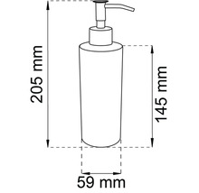 Bild på en tvålpump med mått: 205 mm hög, 145 mm kroppshöjd, 59 mm diameter.