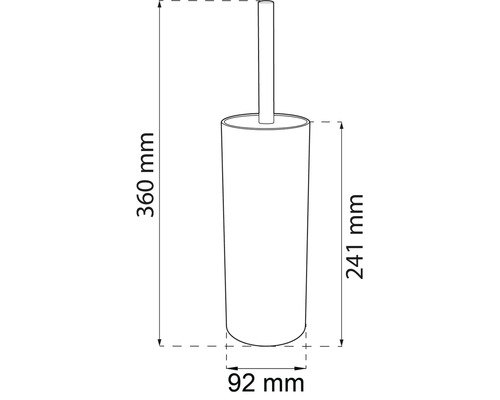 Teknisk ritning av en toalettborste med måtten 360 mm höjd och 92 mm diameter.
