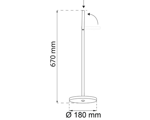 Teknisk ritning av en golvlampa med måtten 670 mm höjd och 180 mm diameter