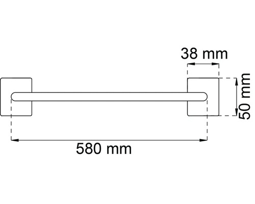Teknisk ritning av en handdukshållare med måtten 580 mm längd, 38 mm djup och 50 mm höjd