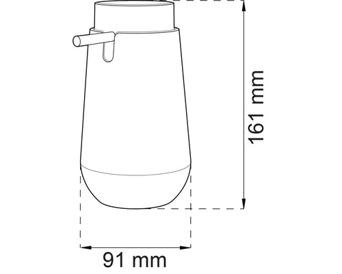 Teknisk ritning av en tvåldispenser som mäter 91 millimeter gånger 161 millimeter