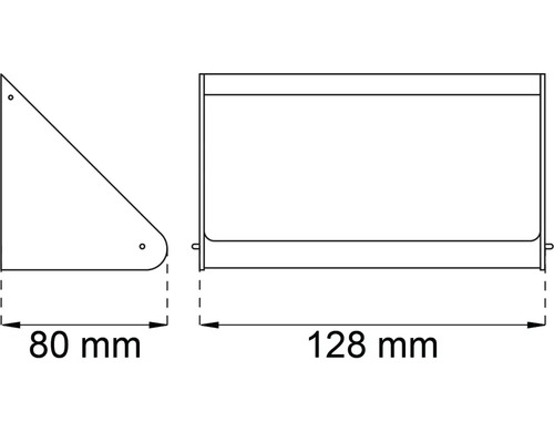 Teknisk ritning av en vägglampa med måtten 80 millimeter och 128 millimeter