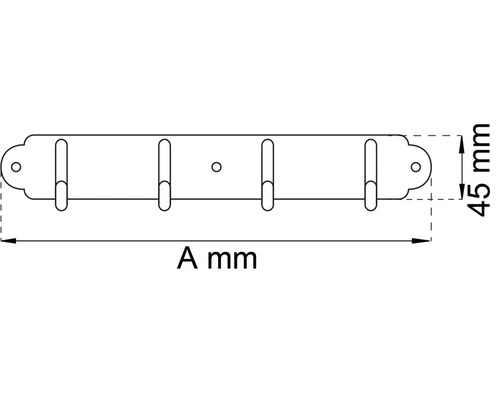 Teknisk ritning av en klädhängare med fyra krokar och måttangivelser