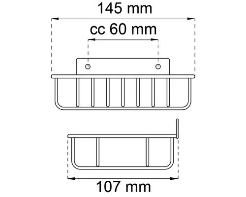 Teknisk ritning av en duschkorg med mått: 145 mm bred och 107 mm djup