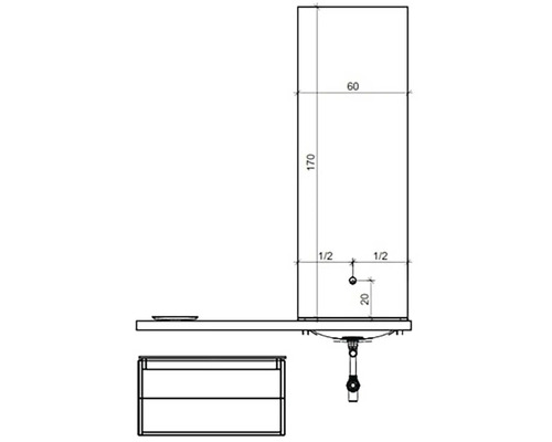 Teknisk ritning av ett tvättställsskåp med mått