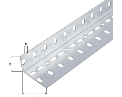 Perforerad vinkel av metall med måtten a, b och c.