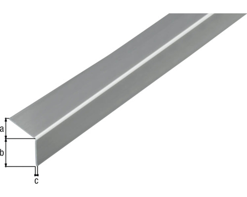 Vinkelprofil av metall med måtten a, b och c.