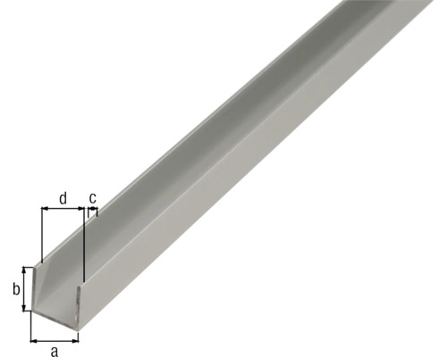 U-profil av aluminium med måttangivelser