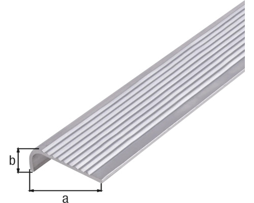 Trappkantslist i aluminium med räfflor och mått.
