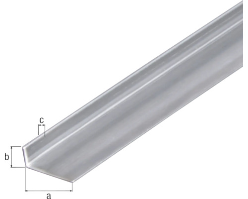 Vinkelprofil av metall med måtten a, b, c.
