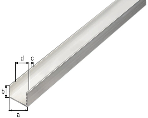U-profil av aluminium med måttangivelser a, b, c och d