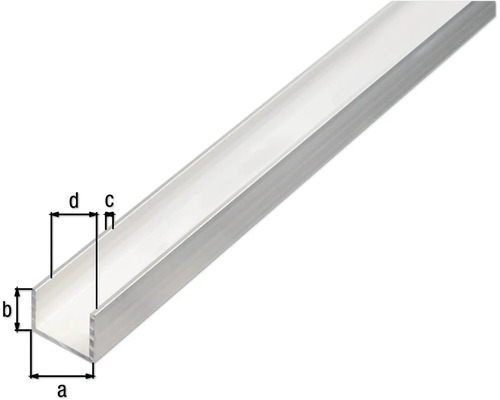 U-profil i aluminium med måttangivelser