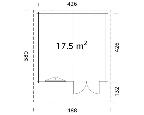 Planritning av ett trädgårdshus med måtten 426 gånger 488 centimeter och en yta på 17.5 kvadratmeter.