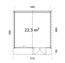 Planlösning för trädgårdshus med en yta på 22.3 kvadratmeter och måtten 516 gånger 480 centimeter