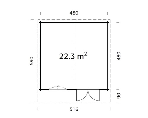 Planlösning för trädgårdshus med en yta på 22.3 kvadratmeter och måtten 516 gånger 480 centimeter