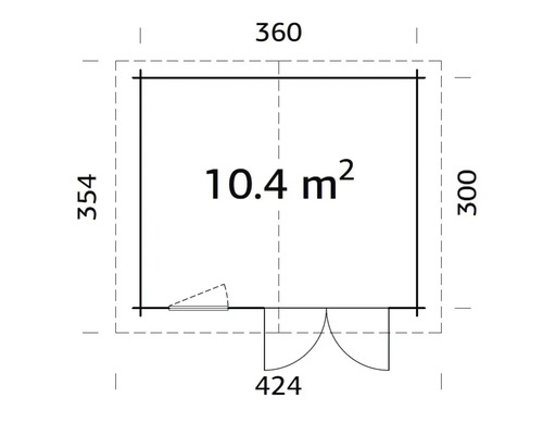 Ritning av ett trädgårdshus med måtten 360 x 300 x 354 x 424 cm och en yta på 10,4 m²