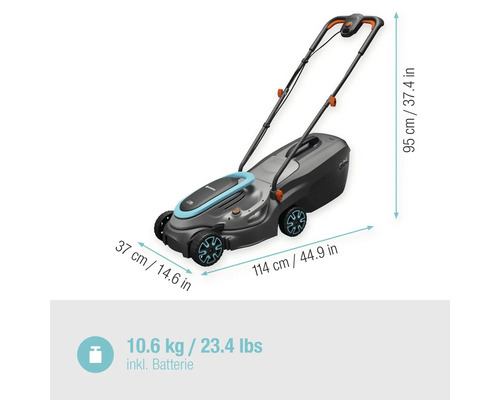 Gardena batteridriven gräsklippare med mått och vikt