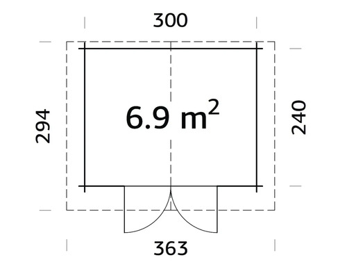 Ritning av ett trädgårdshus med måtten 300 x 240 x 294 cm och en yta på 6,9 kvadratmeter