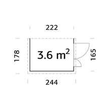 Planlösning med måtten 222, 244, 178 och 165 med en yta på 3.6 kvadratmeter