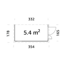 Ritning av ett trädgårdshus med måtten 332 x 178 x 165 centimeter och en yta på 5,4 kvadratmeter
