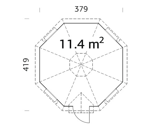 Planritning över ett trädgårdshus med måtten 379 gånger 419 centimeter och en yta på 11,4 kvadratmeter.