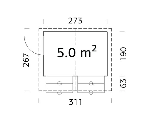 Planritning av ett trädgårdshus med måtten 311 gånger 267 centimeter och en yta på 5,0 kvadratmeter