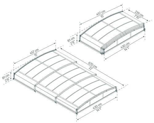 Ritning av två poolöverdrag med mått