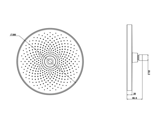 Teknisk ritning av ett duschhuvud med måtten 260 mm diameter, 23,2 mm höjd, 20 mm djup och 60,6 mm totalt djup.