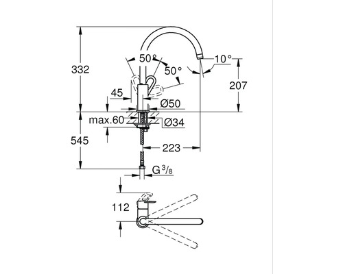 Teknisk ritning av en armatur med mått.