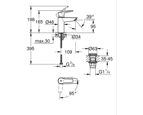 Teknisk ritning av en tvättställsblandare med mått
